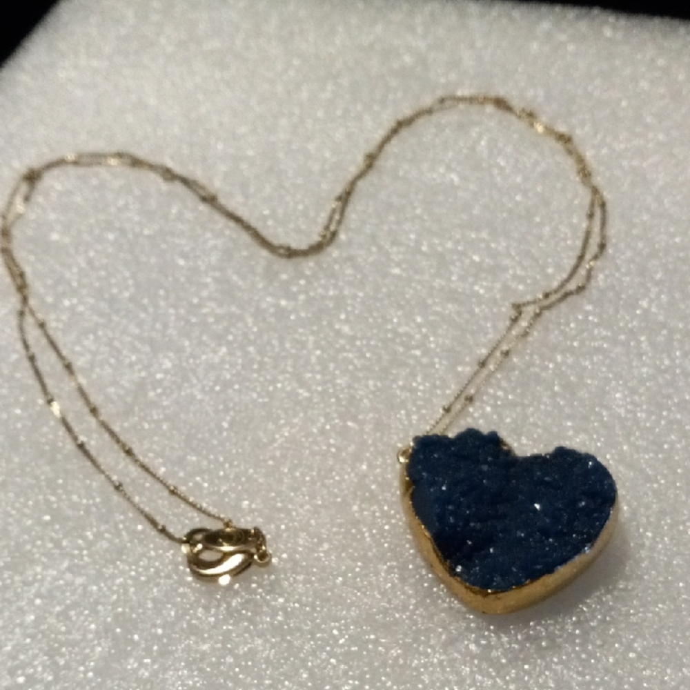 Gold and Blue Labradorite druzy stone Heart Pendant on a 34inch Necklace.